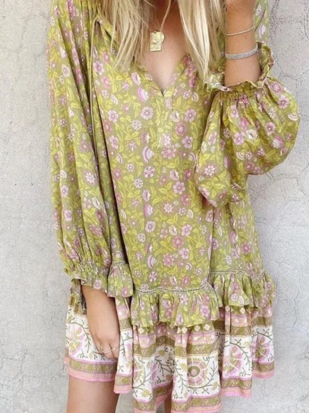 ✨ Spell & The Gypsy Collective "Dahlia" Green & Pink Tunic Mini Dress Size M ✨